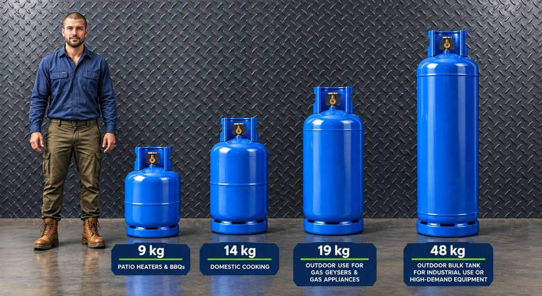 9 kg for patio heaters and BBQs, 14 kg for domestic cooking, 19 kg for outdoor gas geysers and appliances, 48 kg for industrial or high-demand equipment, shown next to a person for size